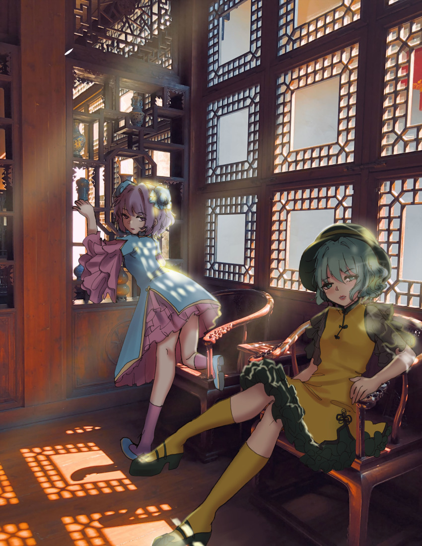 2girls, absurdres, alternate_costume, black_headwear, black_sleeves, blue_dress, blue_footwear, blue_headwear, blush, bun_cover, chair, china_dress, chinese_clothes, chinese_commentary, closed_mouth, commentary, crossed_legs, dress, expressionless, frilled_sleeves, frills, full_body, green_eyes, green_footwear, green_hair, high_heels, highres, indoors, kneehighs, komeiji_koishi, komeiji_satori, lips, looking_at_viewer, looking_back, multiple_girls, nomi_mochigome, parted_lips, petticoat, photo_background, pink_sleeves, pink_socks, purple_eyes, purple_hair, see-through_clothes, see-through_sleeves, shoes, short_hair, siblings, side_slit, sisters, socks, table, touhou, vase, wide_sleeves, window, yellow_dress, yellow_socks