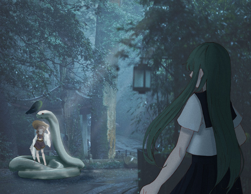 2girls, absurdres, adjusting_clothes, adjusting_headwear, architecture, black_skirt, blonde_hair, blunt_bangs