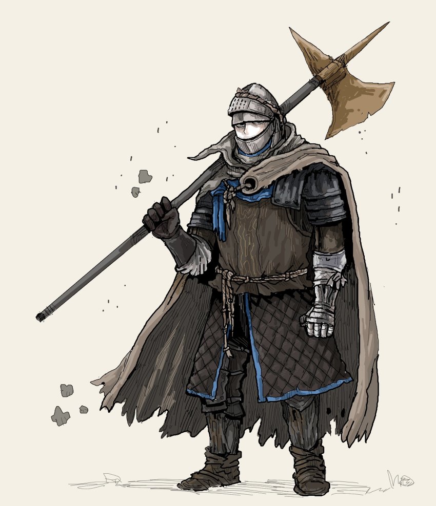 1boy, armor, brown_footwear, cape, elden_ring, gauntlets, grey_background, grey_cape