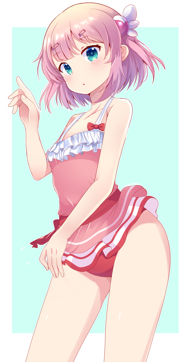 1girl, aru_(arudes), bikini, bikini_bottom_only, blue_eyes, blush, border, bow