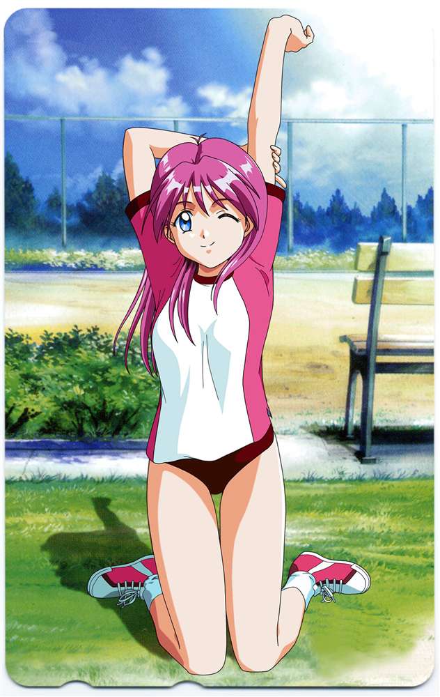 1990s_(style), 1girl, bench, blue_eyes, buruma, card, chain-link_fence, day