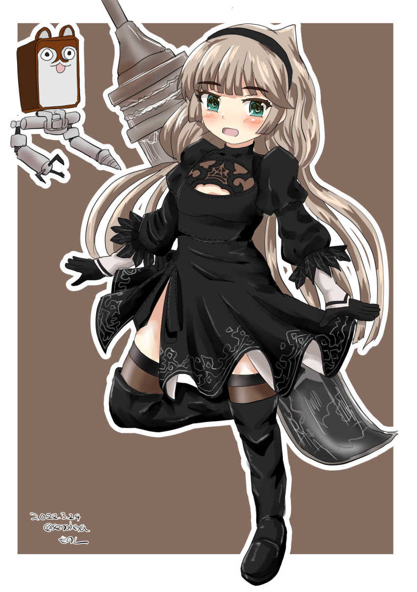 1girl, 2b_(nier:automata), 2b_(nier:automata)_(cosplay), back_cutout, black_boots, black_dress, black_hairband, black_thighhighs