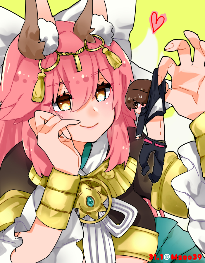 1boy, 1girl, amaterasu_(fate), animal_ear_fluff, animal_ears, artist_name, belt, blush