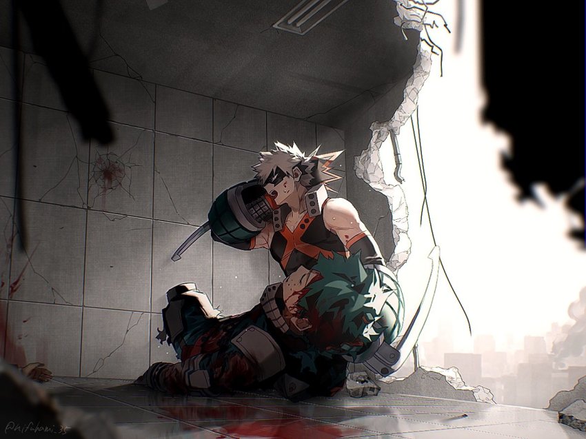 1other, 2boys, artist_name, bakugou_katsuki, blonde_hair, blood, blood_from_forehead, blood_on_arm