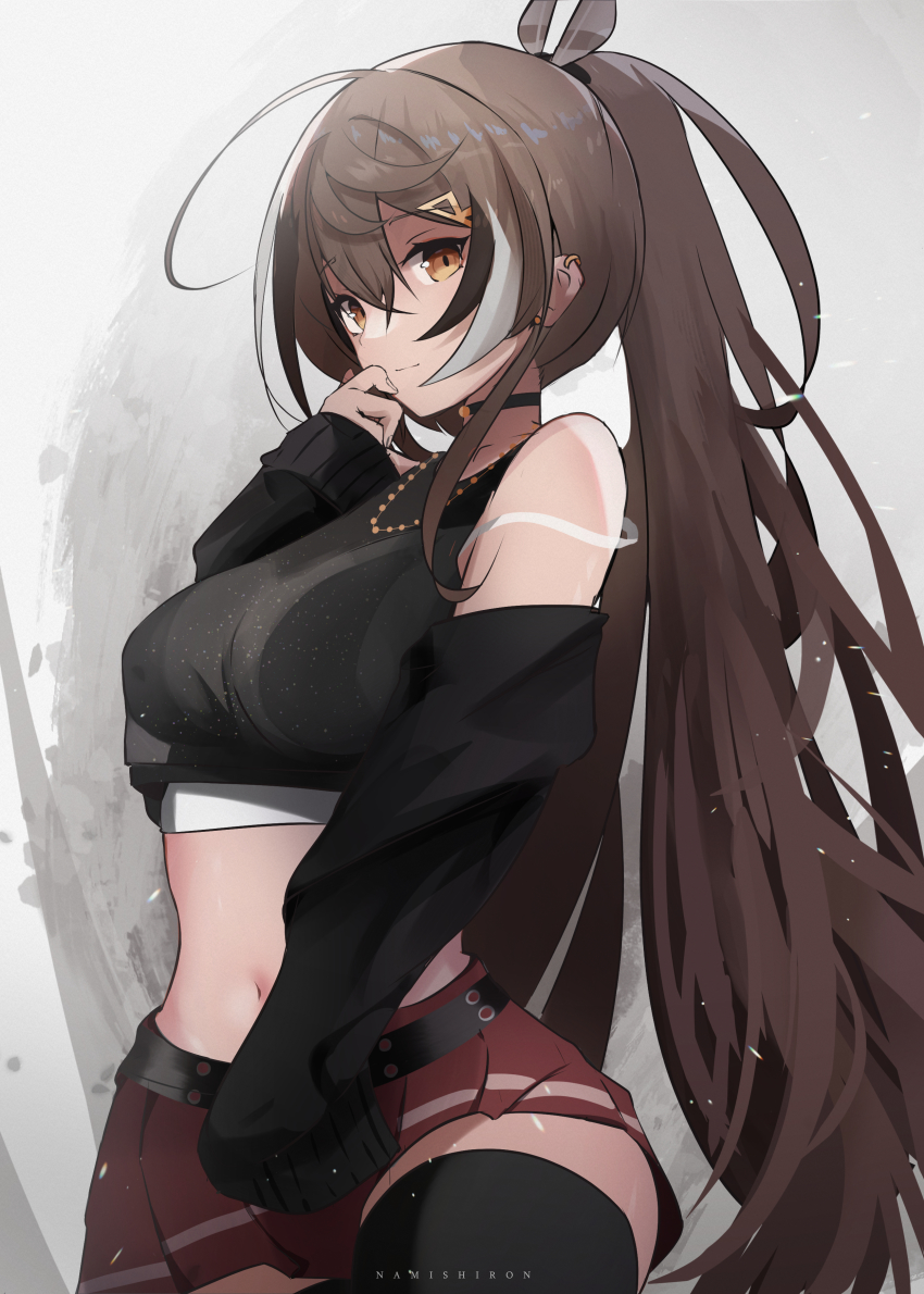 1girl, absurdres, ahoge, alternate_costume, bare_shoulders, black_choker, black_thighhighs, bra_visible_through_clothes, breasts, brown_eyes, brown_hair, choker, closed_mouth, crop_top, ear_piercing, feather_hair_ornament, feathers, hair_between_eyes, hair_ornament, highres, hololive, hololive_english, large_breasts, long_hair, long_sleeves, looking_at_viewer, midriff, multicolored_hair, namishiron, nanashi_mumei, navel, piercing, pleated_skirt, ponytail, red_skirt, skirt, sleeves_past_fingers, sleeves_past_wrists, solo, streaked_hair, thighhighs, very_long_hair, virtual_youtuber, white_hair