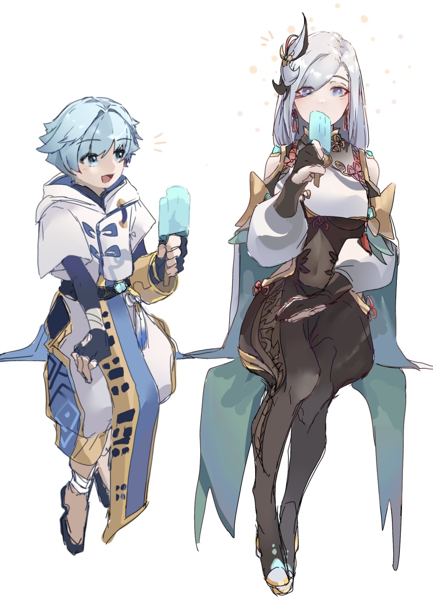 1boy, 1girl, anmochi_mochi, aunt_and_nephew, black_bodysuit, black_gloves, blue_eyes, blue_hair