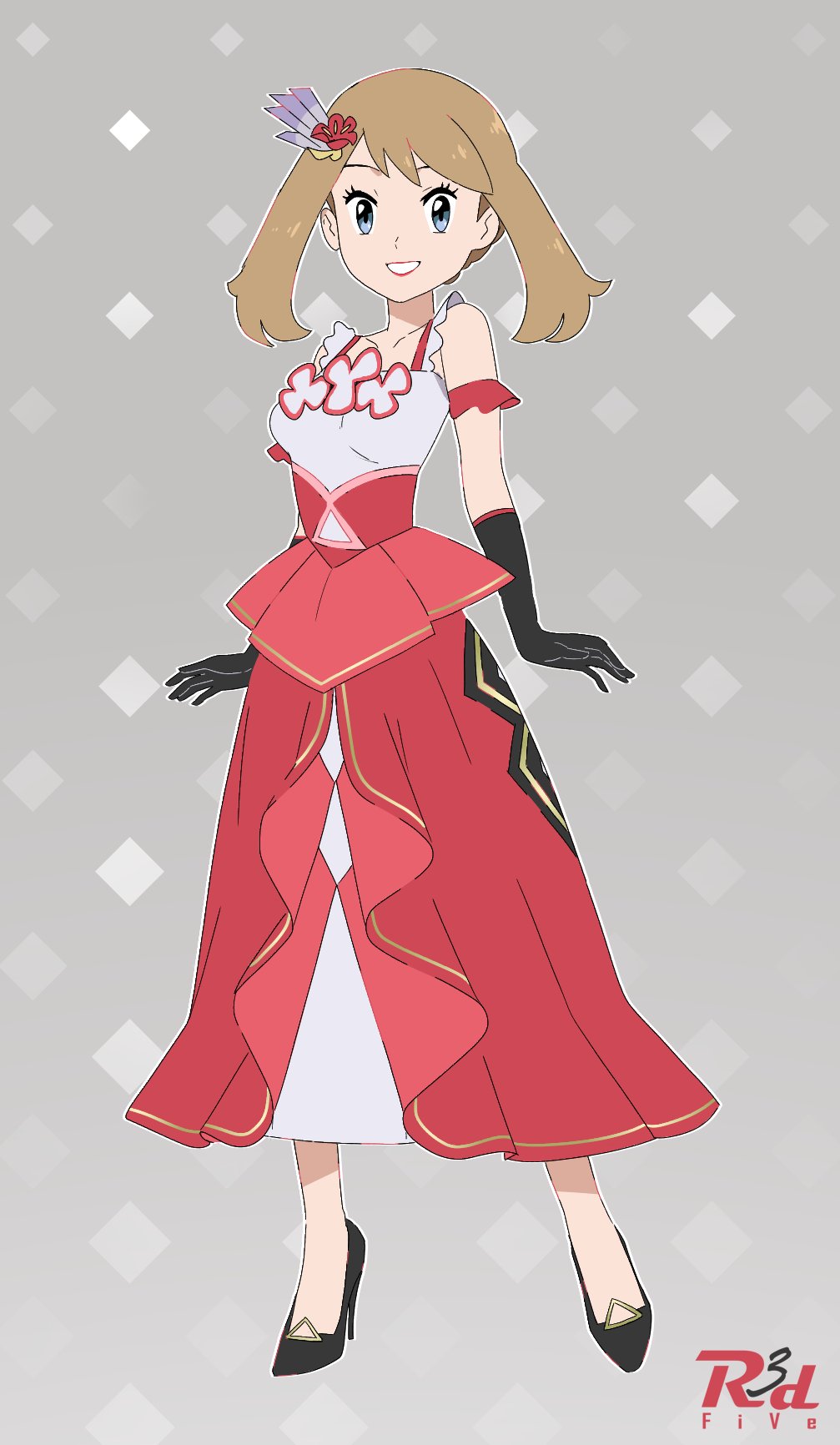 1girl, alternate_costume, black_gloves, blue_eyes, breasts, brown_hair, commentary_request, full_body