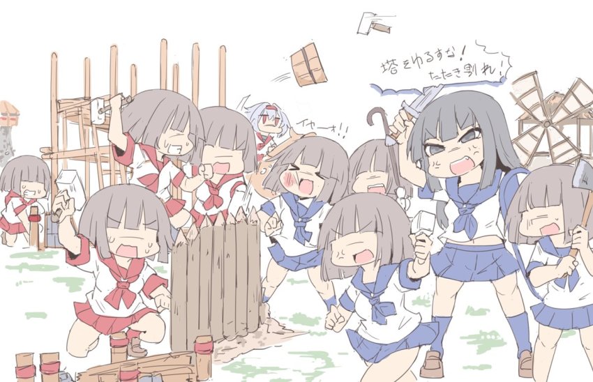 6+girls, age_of_empires_(series), age_of_empires_ii, anger_vein, angry, axe, blue_neckerchief, blue_skirt