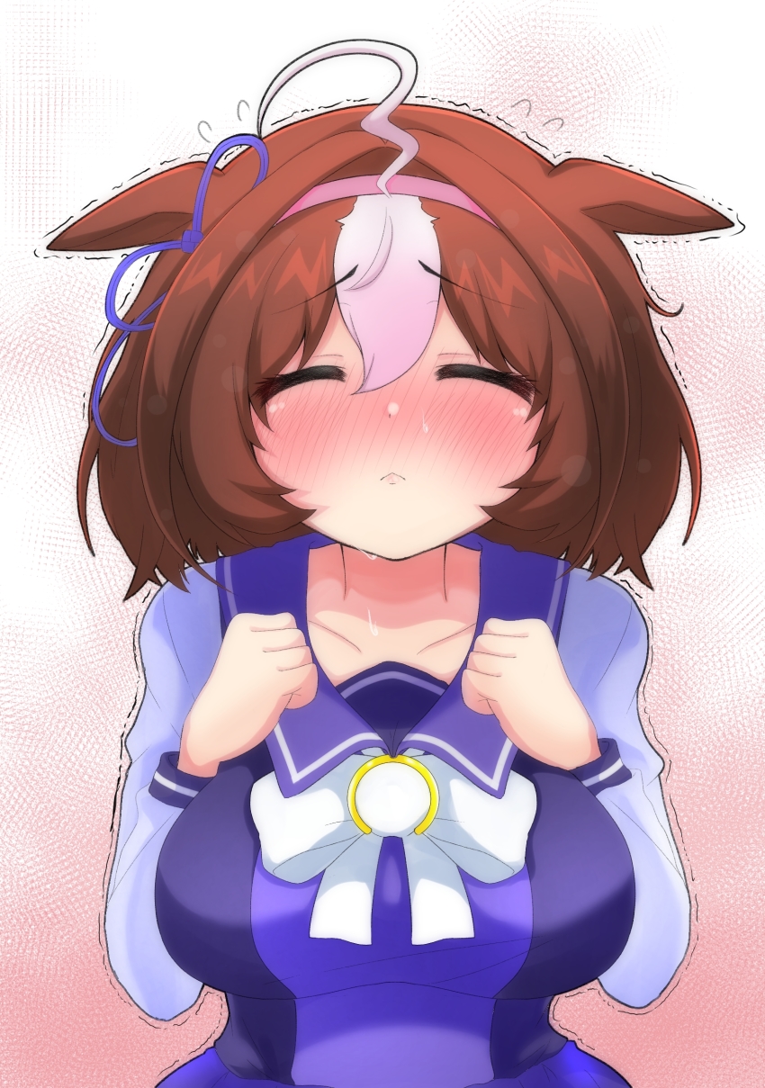 :<, absurdres, ahoge, animal_ears, blush, breasts, commentary_request, closed_eyes