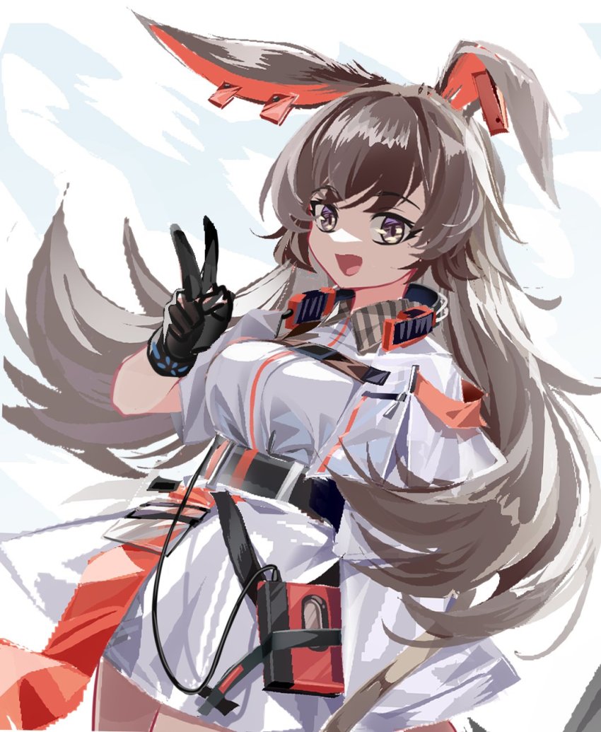 1girl, animal_ears, april_(arknights), arknights, black_gloves, brown_eyes, brown_hair, dress