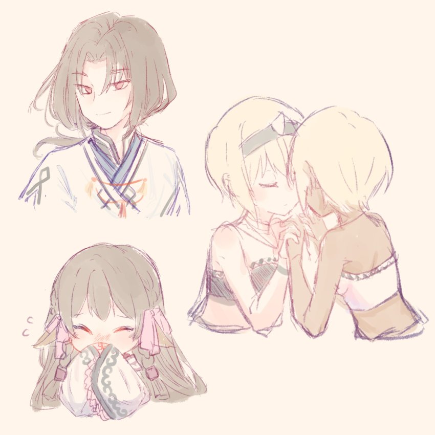 1boy, 3girls, ainu_clothes, animal_ears, aquaplus, arms_up, back, bare_shoulders, black_hair, blush, braid, breasts, closed_eyes, closed_mouth, covering_own_mouth, crop_top, dark-skinned_female, dark_skin, family, frilled_sleeves, frills, from_side, hair_ornament, hairband, highres, holding_hands, long_sleeves, looking_at_viewer, multiple_girls, red_eyes, rulutieh, saraana, siblings, sidelocks, sisters, sleeveless, small_breasts, twins, ukon_(utawarerumono), uruuru, utawarerumono, utawarerumono:_itsuwari_no_kamen, utsuru_515, wide_sleeves