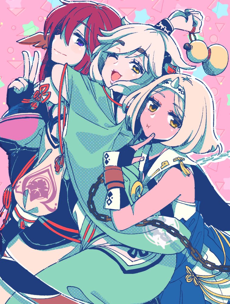 3girls, ainu_clothes, aizen_(utawarerumono:_lost_flag), animal_ears, aquaplus, arm_above_head, arm_up, bare_shoulders
