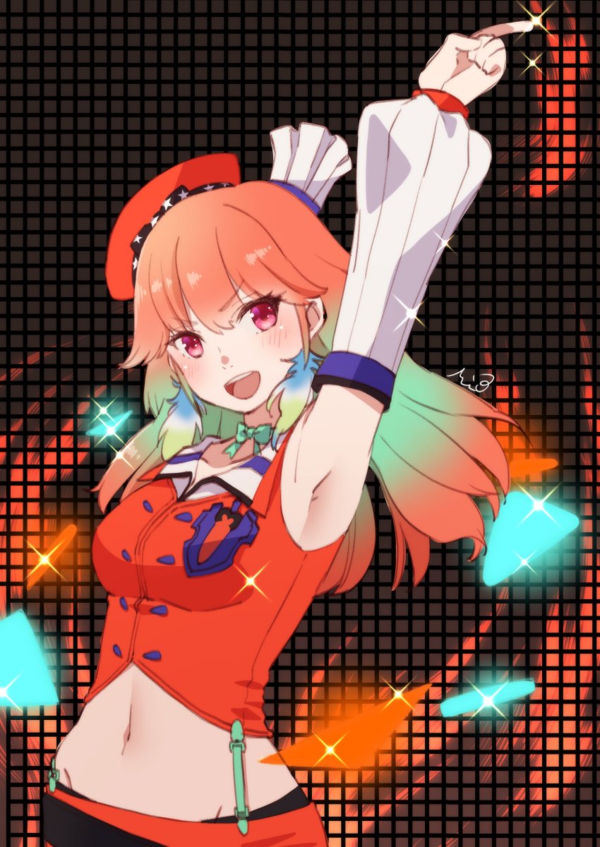 1girl, absurdres, armpits, arms_up, blue_hair, chef_hat, hat, highres