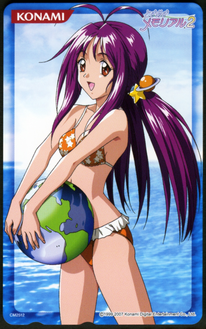 00s, 1990s_(style), 1girl, 2007, :d, antenna_hair, ball, beachball, bikini, brown_eyes, company_name, copyright_logo, copyright_name, female_focus, frilled_bikini, frills, hair_ornament, highres, kokura_masashi, konami, kotobuki_miyuki, logo, long_hair, official_art, open_mouth, planet, print_bikini, purple_hair, retro_artstyle, scan, smile, solo, star_(symbol), star_hair_ornament, star_print, star_print_bikini, swimsuit, tokimeki_memorial, tokimeki_memorial_2