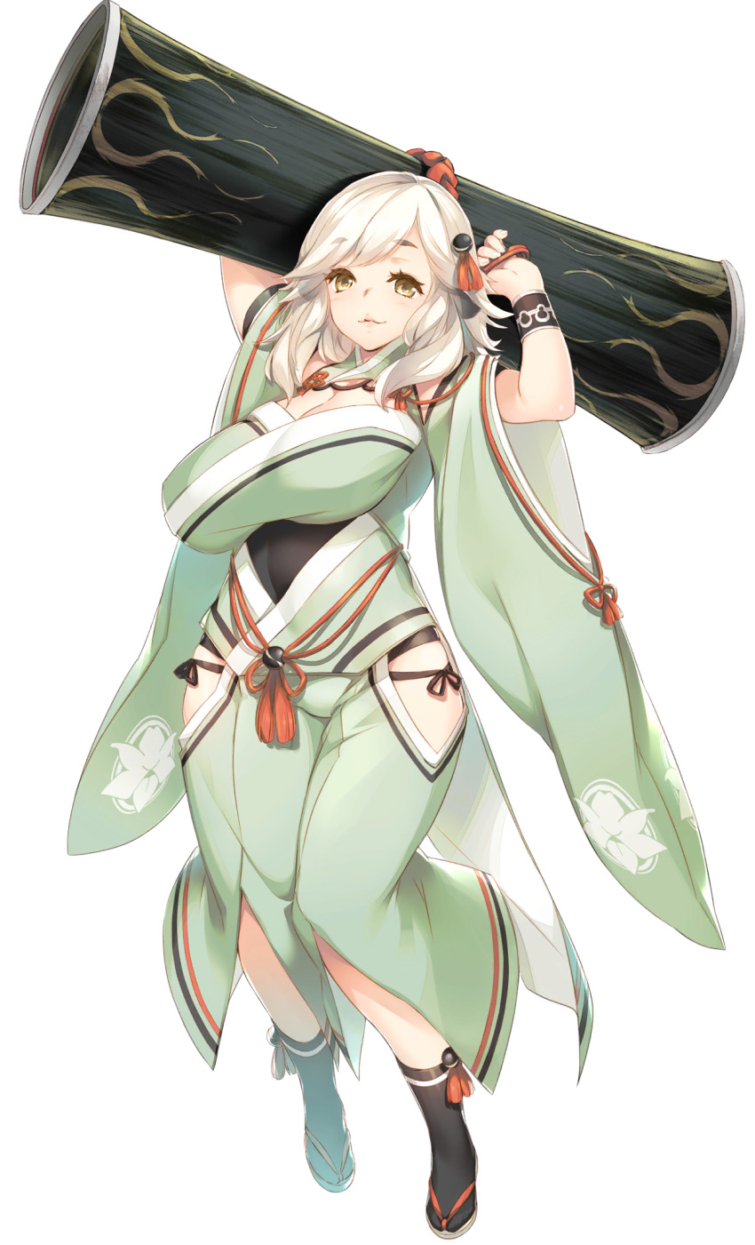 1girl, ainu_clothes, aizen_(utawarerumono:_lost_flag), animal_ears, aquaplus, arms_up, blush, breasts, cleavage, clothing_cutout, curvy, dress, fingernails, full_body, highres, hip_vent, holding, holding_weapon, huge_breasts, kawata_hisashi, large_breasts, leotard, leotard_under_clothes, lips, long_sleeves, looking_at_viewer, medium_hair, off_shoulder, official_art, over_shoulder, sidelocks, socks, solo, standing, thick_eyebrows, thick_lips, thighs, transparent_background, utawarerumono, utawarerumono:_lost_flag, wavy_mouth, weapon, weapon_over_shoulder, white_hair, wide_hips, wide_sleeves, wristband, yellow_eyes