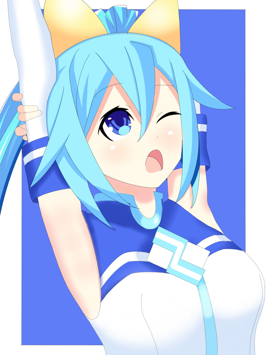 absurdres, armpits, bare_shoulders, blue_background, blue_eyes, blue_hair, breasts, choujigen_game_neptune, choujigen_taisen_neptune_vs_sega_hard_girls, collar, compile_heart, dress, exhausted, highres, idea_factory, long_hair, medium_breasts, neptune_(series), one_eye_closed, open_mouth, oriya_toki, ponytail, sega_hatsumi, stretching, upper_body