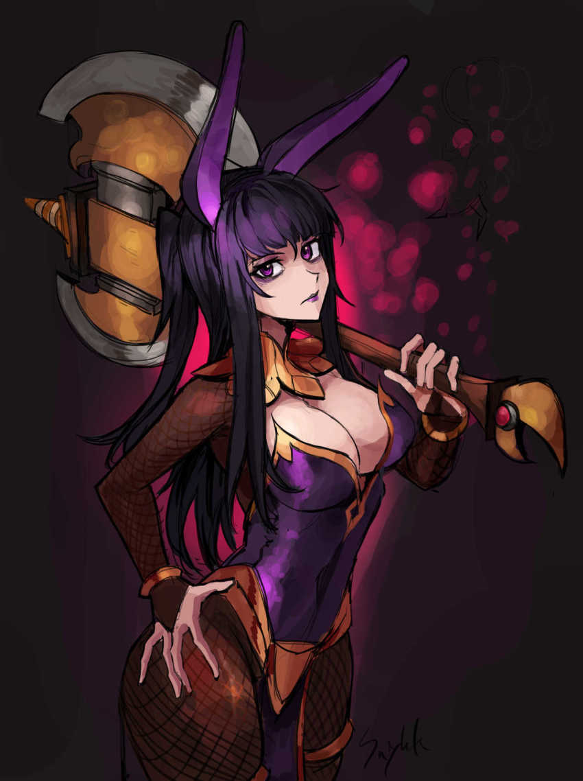 1girl, alternate_costume, animal_ears, armads_(fire_emblem), axe, black_hair, bodystocking, bracelet, breasts, cleavage, fire_emblem, fire_emblem:_the_blazing_blade, fire_emblem_awakening, fire_emblem_heroes, fishnets, gold_trim, hand_on_own_hip, highres, holding, holding_axe, holding_weapon, jewelry, large_breasts, nintendo, pantyhose, pelvic_curtain, playboy_bunny, purple_eyes, purple_lips, rabbit_ears, saiykik, signature, tharja_(fire_emblem), weapon