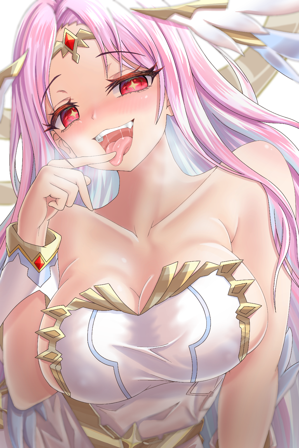 +_+, 1girl, archangel_gabriel_(guardian_tales), bare_shoulders, blush, breasts, circlet, cleavage, close-up, finger_to_tongue, guardian_tales, highres, large_breasts, long_hair, looking_at_viewer, no_bra, open_mouth, pink_hair, red_eyes, saliva, tongue, tongue_out, udon_frozen, upper_body