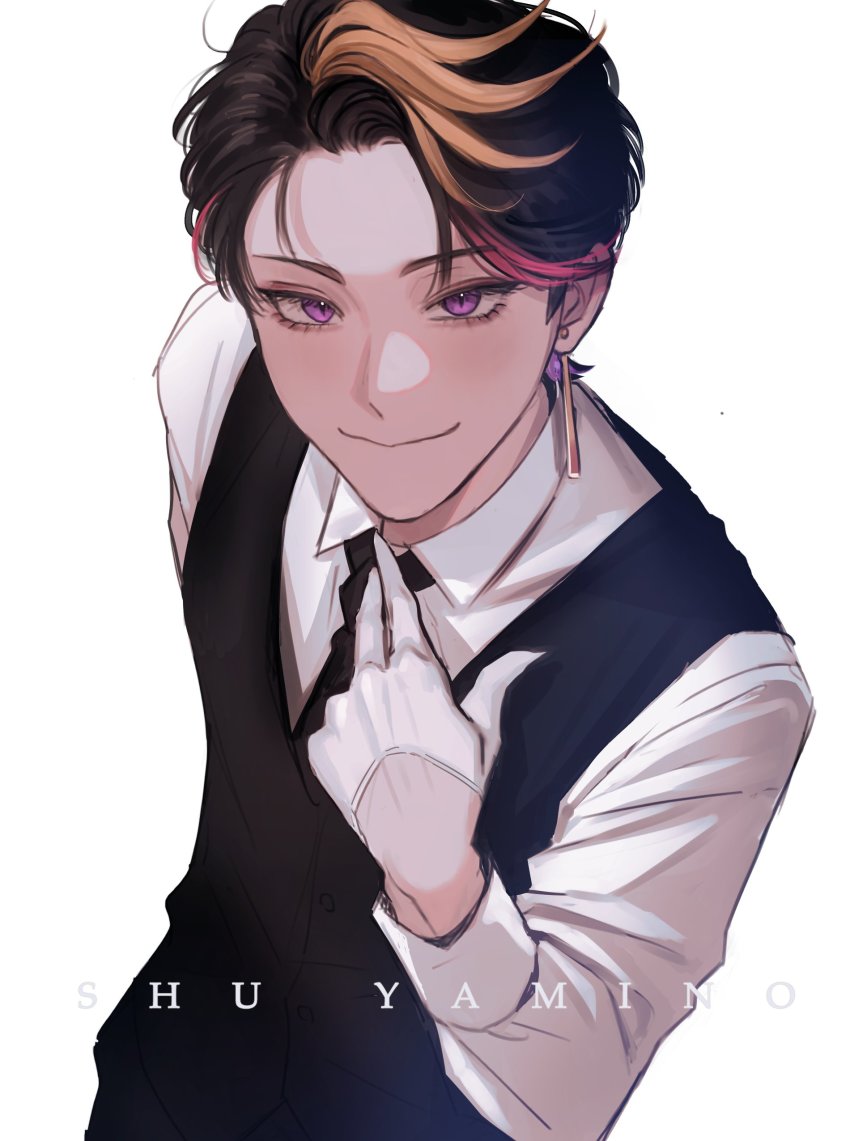 1boy, absurdres, black_hair, black_necktie, black_vest, character_name, collared_shirt, earrings, eyelashes, formal_clothes, gloves, half_gloves, hand_on_own_chest, highres, jewelry, leaning_forward, long_sleeves, male_focus, multicolored_hair, necktie, nijisanji, nijisanji_en, orange_hair, pink_hair, purple_eyes, shirt, short_hair, shu_yamino, slit_pupils, smile, solo, streaked_hair, tsuntsun_art, tsurime, upper_body, vest, virtual_youtuber, white_gloves, white_shirt