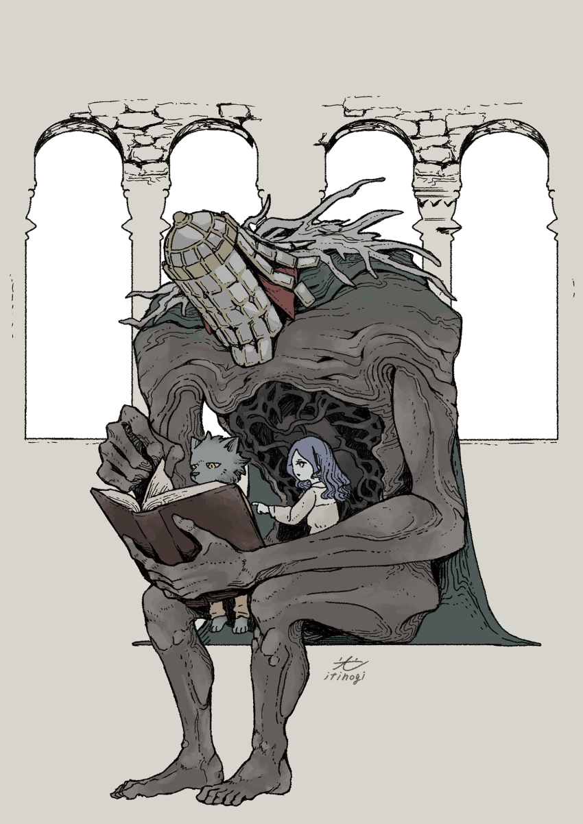 1girl, 2boys, beige_background, blaidd_the_half-wolf, book, elden_ring, full_body, grey_background, highres, itinogi, multiple_boys, ranni_the_witch, reading, signature, sitting, war_counselor_iji, window