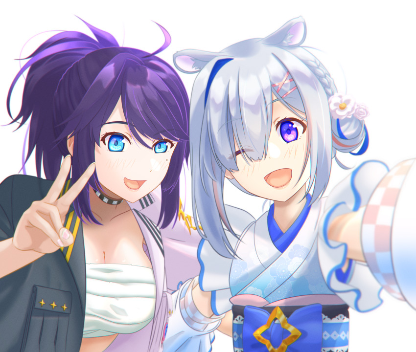 2girls, :d, ;d, amane_kanata, amane_kanata_(new_year), animal_ears, blue_eyes, blurry