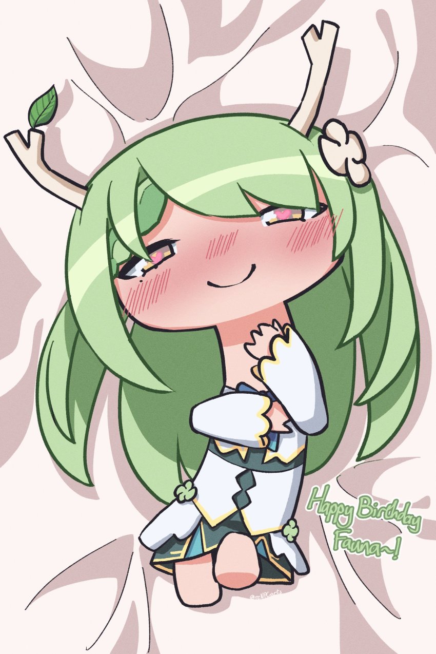 1girl, antlers, blush, braid, ceres_fauna, full-face_blush, giraffe_fauna, green_hair