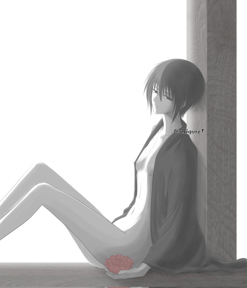 akigure1, flat_chest, fruits_basket, greyscale, half-closed_eyes, haori, highres, japanese_clothes, monochrome, short_hair, sohma_akito