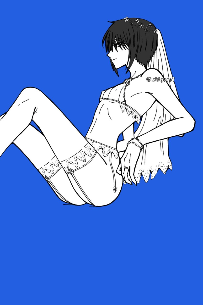 1girl, akigure1, ass, blue_theme, bridal_veil, clothed_sex, flat_chest, fruits_basket, garter_belt, highres, lingerie, short_hair, sohma_akito, thighhighs, underwear, veil