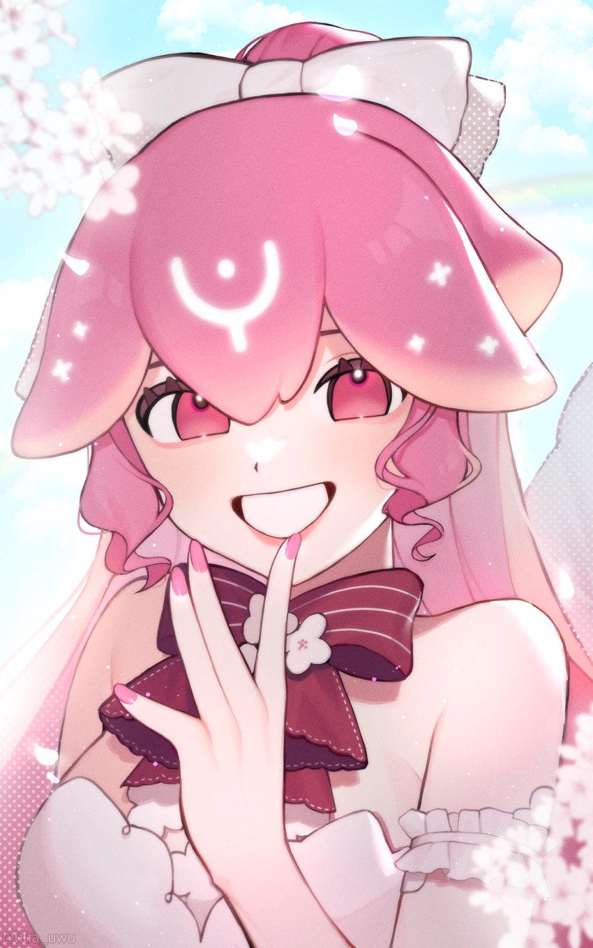 1girl, alternate_color, arm_strap, bao_the_whale, bow, branch, cherry_blossoms, dress, eyebrows_hidden_by_hair, hair_bow, highres, indie_virtual_youtuber, lilia_(lilia_uwu), looking_at_viewer, parted_lips, pink_eyes, pink_hair, ponytail, portrait, red_bow, sky, smile, solo, virtual_youtuber, white_bow, white_dress