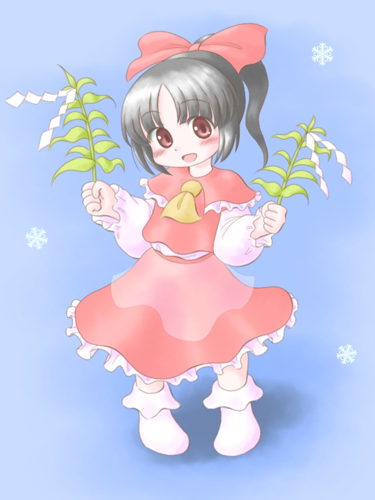 1girl, :d, black_hair, blue_background, blunt_bangs, blush, bow, dual_wielding