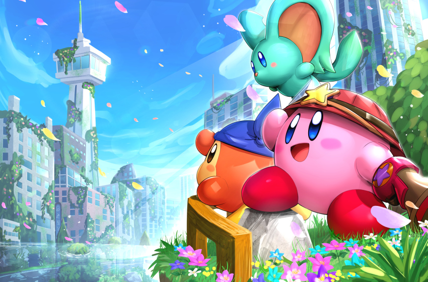 :d, bandana_waddle_dee, blue_eyes, blue_sky, city, cityscape, day, elfilin, gonzarez, hat, highres, kirby, kirby_(series), kirby_and_the_forgotten_land, nintendo, open_mouth, outdoors, ranger_kirby, ruins, sky, smile