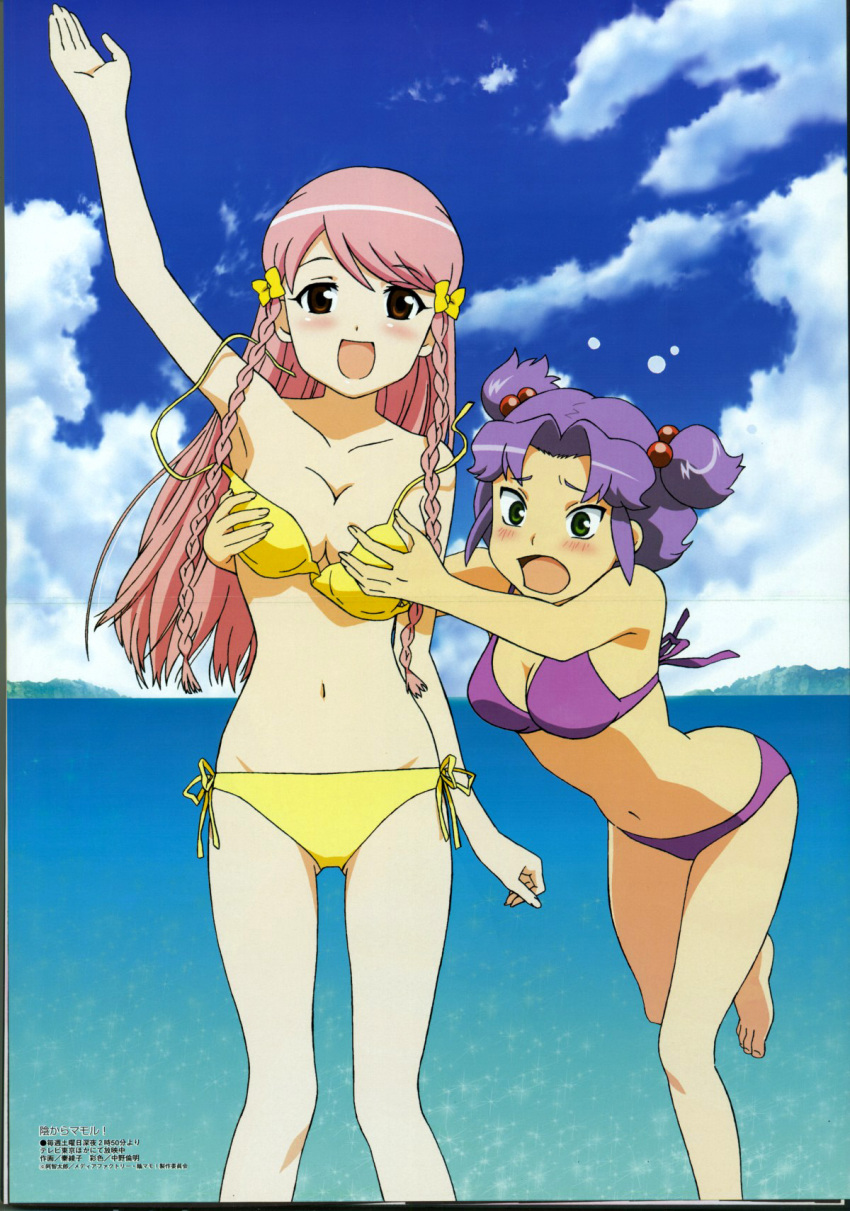 00s, 2girls, :d, :o, arm_up, armpits, barefoot, beach, bikini, blush, bow, braid, breasts, cleavage, cloud, covering_privates, crease, day, embarrassed, feet, flying_sweatdrops, grabbing_another's_breast, green_eyes, groping, hair_between_eyes, hair_bobbles, hair_bow, hair_ornament, hata_ayako, highres, kage_kara_mamoru!, konnyaku_yuuna, leaning_forward, leg_lift, long_hair, looking_at_viewer, medium_breasts, megami_magazine, mountain, multiple_girls, navel, non-web_source, ocean, official_art, open_mouth, outdoors, outstretched_arms, parted_bangs, pink_hair, purple_hair, red_eyes, sawagashi_airi, scan, short_hair, short_twintails, side-tie_bikini_bottom, side_braid, sidelocks, sky, smile, sparkle, standing, standing_on_one_leg, surprised, sweatdrop, swept_bangs, swimsuit, twin_braids, twintails, two_side_up, untied, wardrobe_malfunction, water, waving