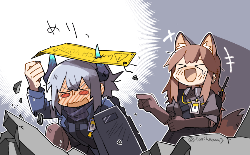 >_<, 2girls, :d, accident, animal_ears, arknights, black_gloves, black_shirt, black_skirt, blue_scarf, blush, collared_shirt, damaged, dragon_horns, elbow_gloves, extra_ears, fox_ears, fox_girl, fox_tail, franka_(arknights), full-face_blush, gloves, grey_hair, highres, holding, holding_shield, horns, id_card, konno_akikaze, lanyard, laughing, liskarm_(arknights), multiple_girls, open_mouth, pleated_skirt, pointing, red_eyes, rock, scarf, shield, shirt, sign, skirt, smile, tail, thighhighs, twitter_username, xd