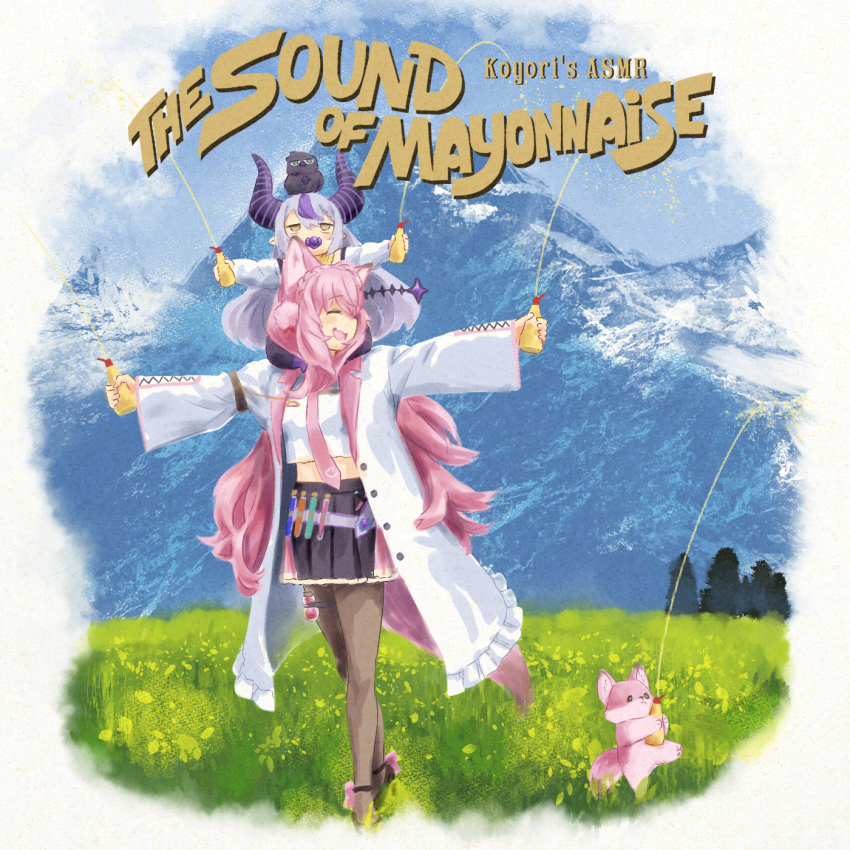 2girls, aged_down, animal_ears, baby, braid, coat, crop_top, crow_(la+_darknesss)