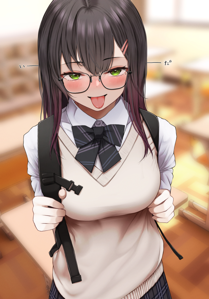 1girl, :p, bag, black_hair, black_skirt, blush, breasts, glasses