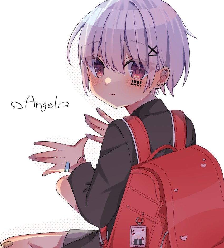 1boy, bag, barcode, barcode_tattoo, black_shirt, blouse, hair_between_eyes, highres
