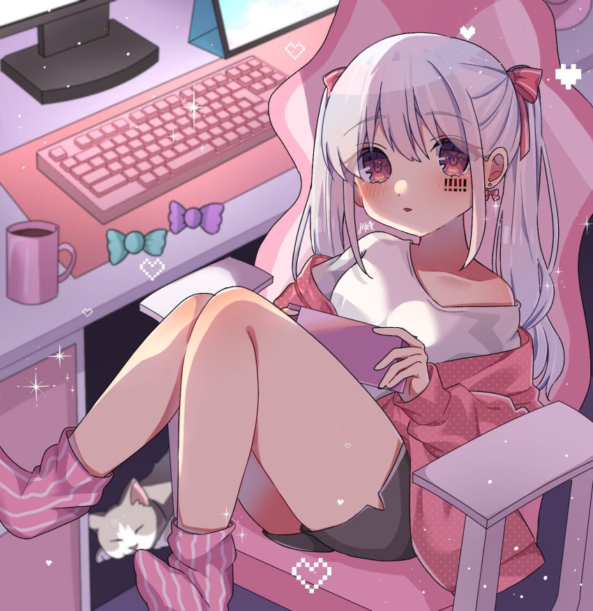 1girl, barcode, barcode_tattoo, bow, chair, cup, gaming_chair, hair_ornament