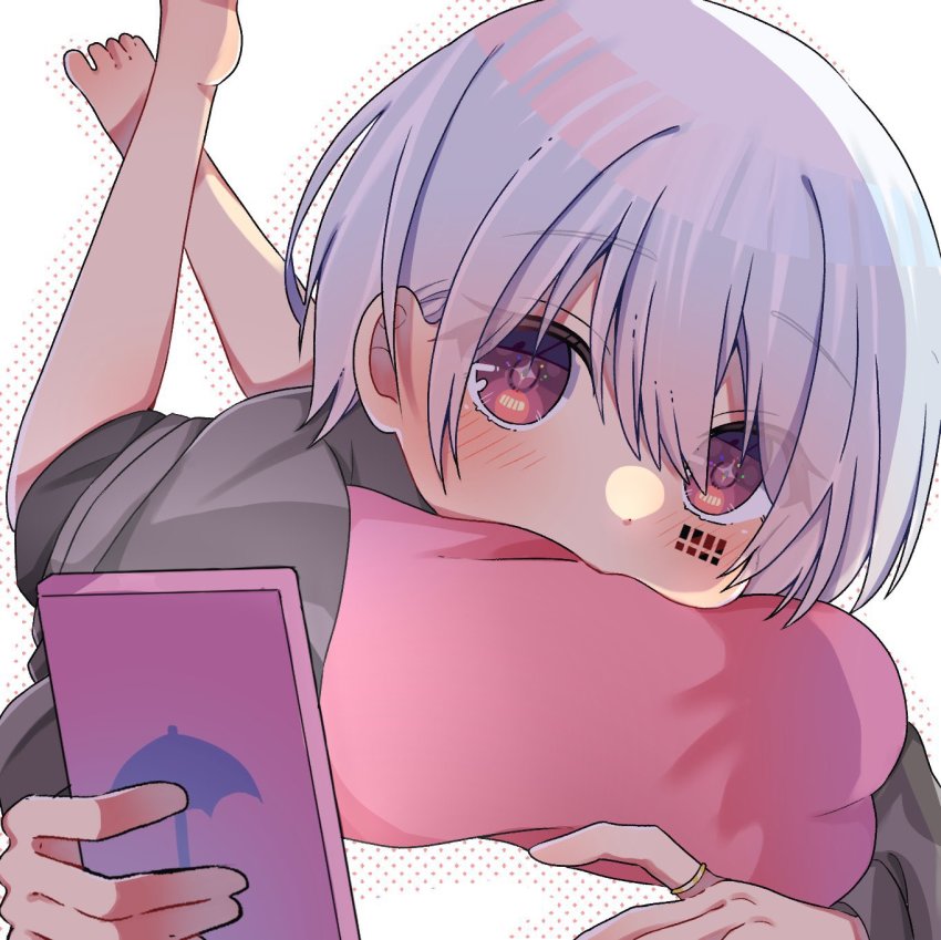 1boy, barcode, barcode_tattoo, barefoot, cellphone, feet, hair_between_eyes, highres, looking_at_viewer, mafumafu, niconico, phone, pillow, shirt, simple_background, smartphone, tagme, tattoo, utaite, vocaloid, white_background, white_hair, yuei_(n_t0s)