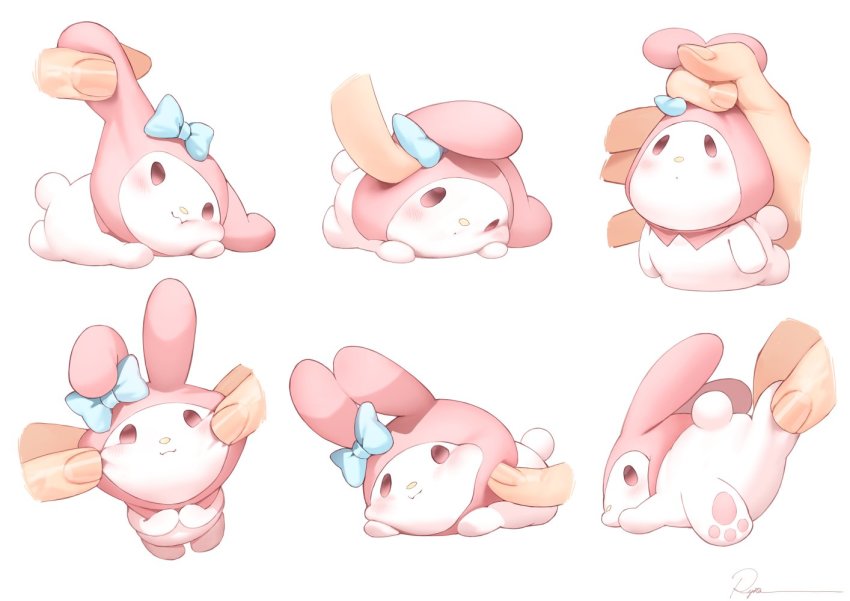 :o, animal_ears, blue_bow, blush, bow, copyright_request, holding, lying, multiple_views, my_melody, my_melody_(series), pinching_cheek, pulling, pulling_another's_clothes, pulling_ears, rabbit_ears, ryota_(ry_o_ta), sanrio, smile, stuffed_toy