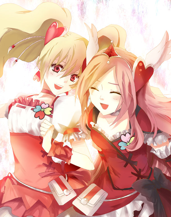 00s, 2girls, bad_id, bad_pixiv_id, bag, blonde_hair, blush, bow