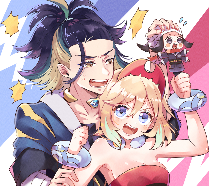 1boy, 2girls, absurdres, adaman_(pokemon), akari_(pokemon), anger_vein, blonde_hair, blue_coat, blue_eyes, blush, bracelet, breasts, cleavage, coat, commentary_request, eyebrow_cut, eyelashes, flapping, flying_sweatdrops, hair_between_eyes, hairband, hands_up, headscarf, highres, irida_(pokemon), jewelry, mini_person, minigirl, multiple_girls, nintendo, open_mouth, pokemon, pokemon_legends:_arceus, ponytail, red_hairband, red_shirt, shirt, short_hair, strapless, strapless_shirt, teeth, tere_(391923), tongue, white_headscarf