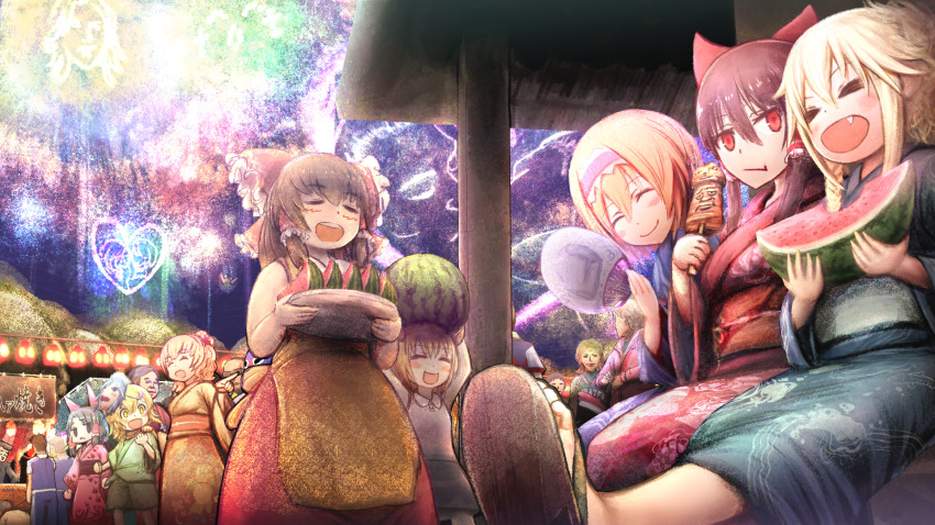 6+boys, 6+girls, aerial_fireworks, alice_margatroid, alternate_costume, alternate_hairstyle, apron, azusa_(cookie)