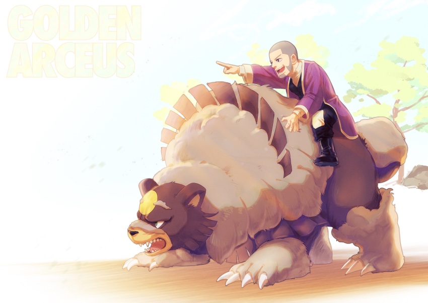 1boy, :d, absurdres, bear, beard, black_footwear, black_shirt, boots, claws, coat, commentary_request, crossover, facial_hair, from_side, golden_kamuy, grey_hair, highres, ks_(minusks), male_focus, nintendo, open_mouth, pointing, pokemon, pokemon_(creature), pokemon_legends:_arceus, purple_coat, riding, riding_pokemon, rock, shiraishi_yoshitake, shirt, short_hair, smile, teeth, tongue, tree, ursaluna