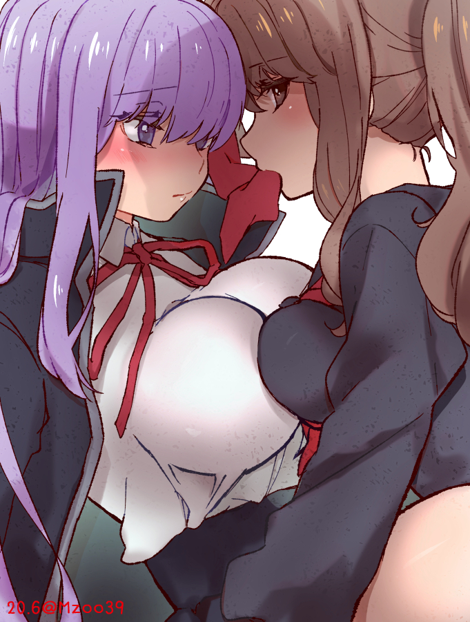 alternate_hairstyle, artist_name, bb_(fate), bb_(fate/extra), black_coat, blush, bow, breasts