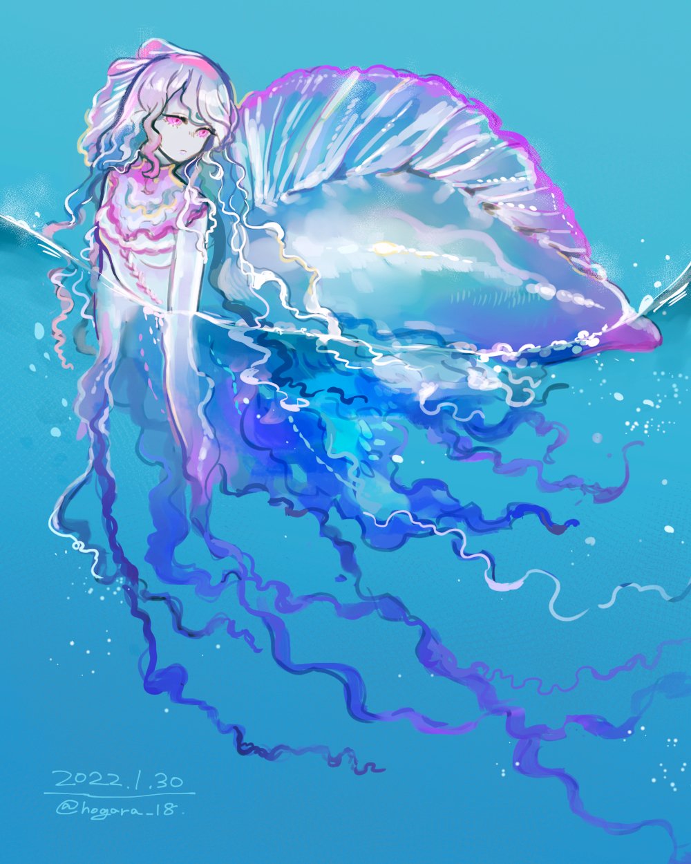 1girl, 2022, artist_name, blue_background, blue_skin, colored_skin, curly_hair, dated, highres, hogara, in_water, jellyfish, jellyfish_girl, looking_to_the_side, monster_girl, ocean, original, partially_submerged, partially_underwater_shot, pink_eyes, portuguese_man_o'_war, see-through_body, swimming, tendril, tentacles, translucent, see-through_hair, twitter_username, underwater, water