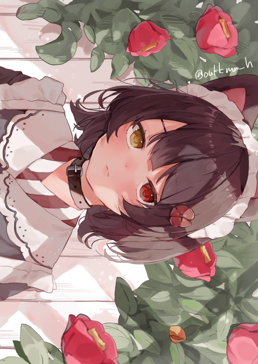 1girl, absurdres, animal_collar, animal_ears, blush, bored, brown_hair, cerberus