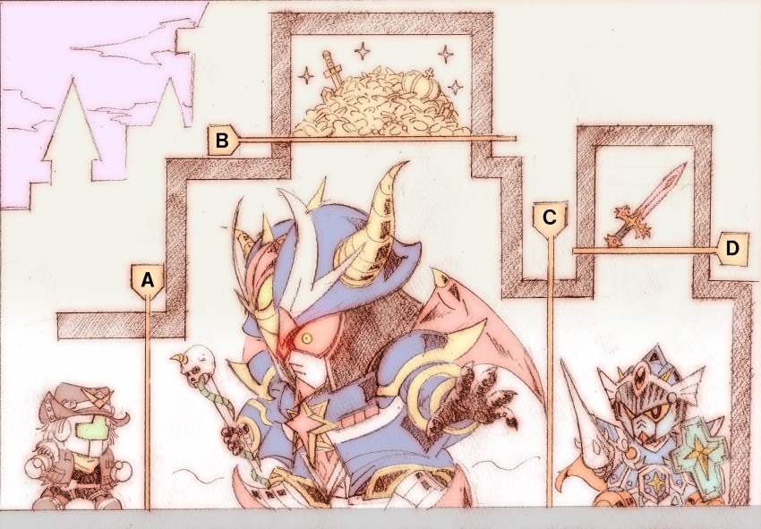 black_eyes, brown_headwear, chibi, colored_sclera, cowboy_hat, glowing, glowing_eyes, gundam