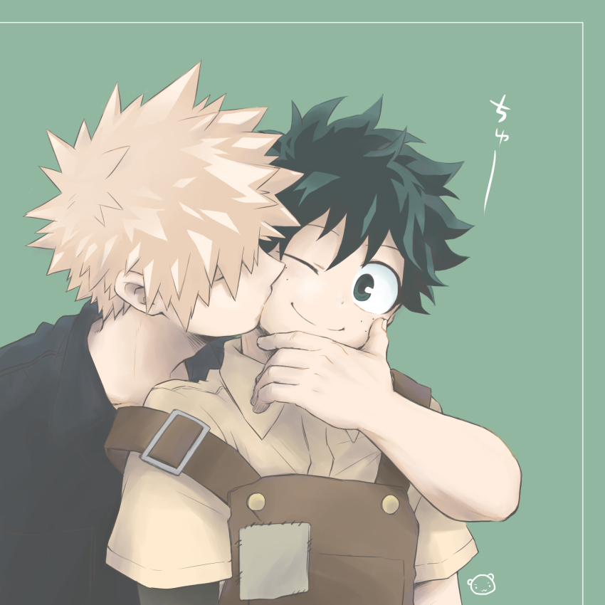 2boys, ayata-haikyu, bakugou_katsuki, black_shirt, blonde_hair, boku_no_hero_academia, collared_shirt, freckles, green_background, green_eyes, green_hair, highres, kiss, kissing_cheek, looking_at_viewer, male_focus, midoriya_izuku, multiple_boys, one_eye_closed, overalls, shirt, simple_background, smile, spiked_hair, yaoi