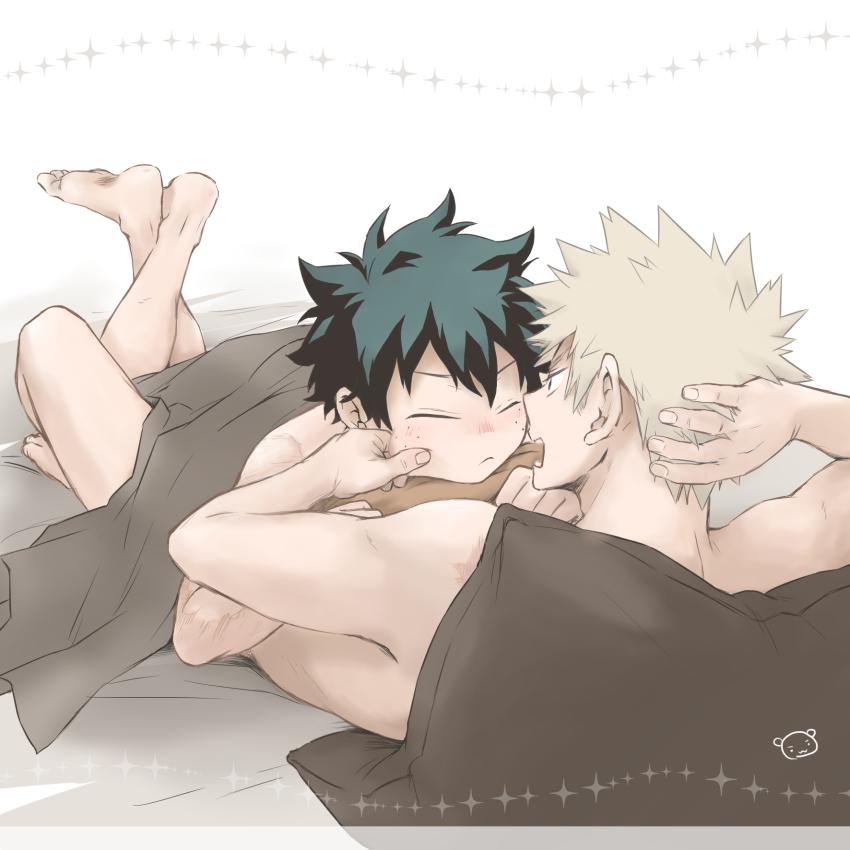 2boys, arm_behind_head, ayata-haikyu, bakugou_katsuki, blanket, blonde_hair, boku_no_hero_academia, cheek_pinching, closed_mouth, crossed_legs, closed_eyes, freckles, green_hair, highres, looking_at_another, male_focus, midoriya_izuku, multiple_boys, nude, pillow, pinching, spiked_hair, white_background, yaoi