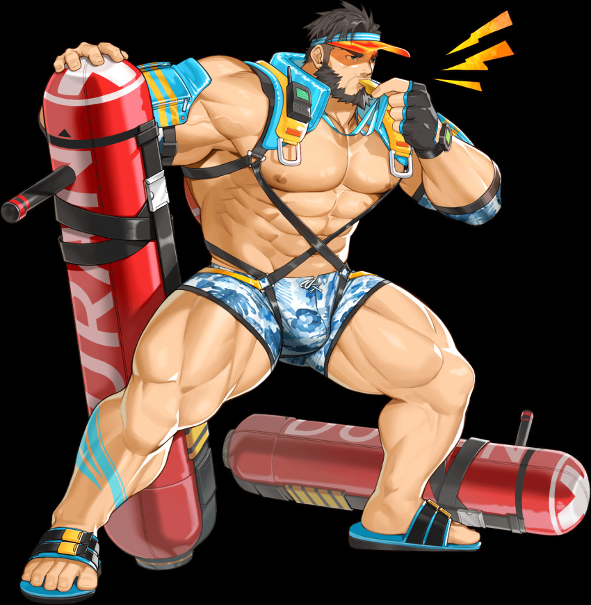 1boy, abs, bara, beard, biceps, black_eyes, black_hair, bulge, buzz_cut, communicator, duran_(gyee), facial_hair, frown, gloves, gomtang, gyee, harness, hat, highres, large_pectorals, life_vest, lifeguard, looking_to_the_side, male_focus, mature_male, muscular, muscular_arms, muscular_legs, muscular_male, nipples, official_art, pectorals, sandals, short_hair, shorts, solo, tattoo, thighs, tonfa, topless_male, veins, veiny_arms, very_short_hair, visor_cap, walkie-talkie, watch, weapon, whistle, whistle_around_neck, whistling